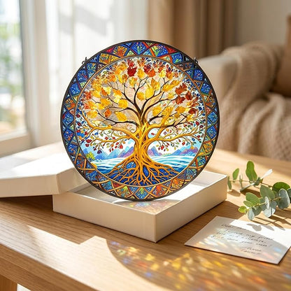 Stained Glass Window Hanging Tree of Life Suncatcher 8 Inch, Indoor Outdoor Wall Art Home Decor, Sun Catchers, Birthday for Women Men