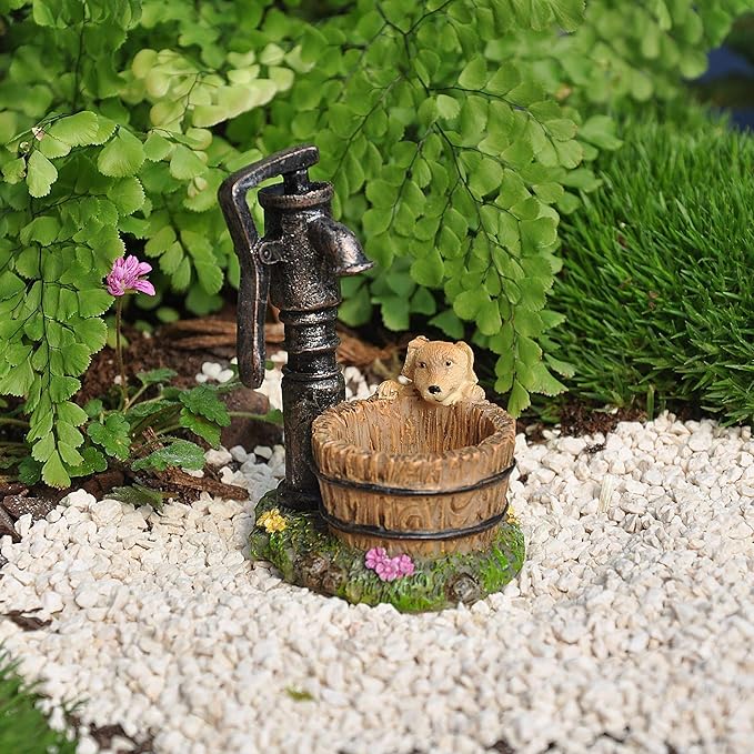 Well Puppy And Wash Basin Antique Brown 3 Inch Resin Stone Outdoor Statue
