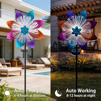 Solar Wind Spinners Outdoor, Metal Wind Sculptures & Kinetic Spinners with Optical Fiber, Garden Spinner Windmills for Yard Decor, Patio Backyard Lawn Decorations, Gifts for Family Friends