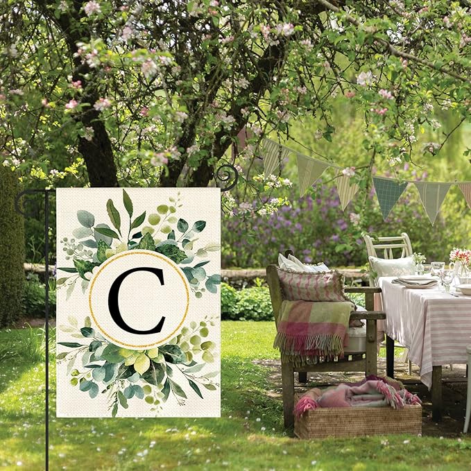 AVOIN colorlife Monogram Letter C Floral Garden Flag 12x18 Inch Double Sided Outside, Family Last Name Initial Yard Outdoor Decoration