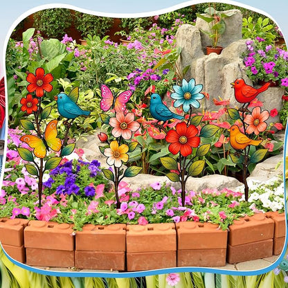 4 Pack Garden Decor for Outside Metal Flowers Garden Stakes Spring Decor 15'' Decorative Colorful Flowers Birds Butterfly Yard Art Rust Proof Plant Sticks for Yard Lawn Pathway Patio Outside