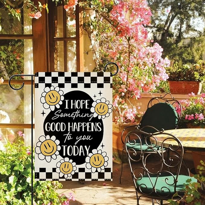 Dyrenson Inspirational Smiley Flower Decorative Garden Flag, I Hope Something Good Happens To You Today Yard Outside Home Decoration, Motivational Check Burlap Outdoor Small Decor Double Sided 12 x 18