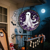 DASTOLL Stained Glass Window Hanging - Halloween Decorations White Ghost Purple Stars Suncatcher for Doors Garden Spooky Funny Sun Catchers Gothic Decor Horror Gifts for Women Men Friend 15 in
