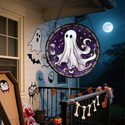 DASTOLL Stained Glass Window Hanging - Halloween Decorations White Ghost Purple Stars Suncatcher for Doors Garden Spooky Funny Sun Catchers Gothic Decor Horror Gifts for Women Men Friend 11.8 in