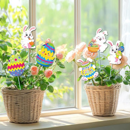 Cinrobiye 12Pcs Easter Planter Stakes Flower Pot Signs 5.9Inches Bunny Chick Jesus Egg Garden Stake Outdoor Lawn for Easter Party Patio Yard Outside Greetings Home Farmhouse Decor