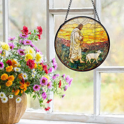 Christian Gifts for Women, Easter Jesus and Lamb Christian Suncatchers Stained Glass Window Hanging, Jesus Religious Sun Catchers Indoor Window Glass Round Wall Decor, 7.9x7.9in