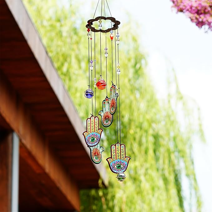 Wind Chimes Outdoor Decor, Metal Memorial Windchimes Hanging Decoration for Garden Home Yard and Christmas Tree,15'' Hamsa Hand Evil Eye Chakra Glass Beaded Design Christmas Decor
