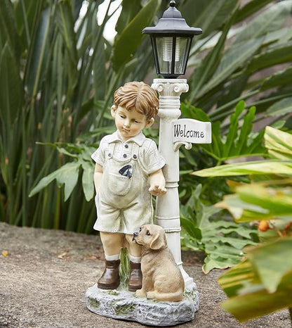 Solar Boy Statue Welcome Sign Garden Statues for Garden Decor, Porch, Lawn, Yard Art Decorations, Resin 23.2H inch