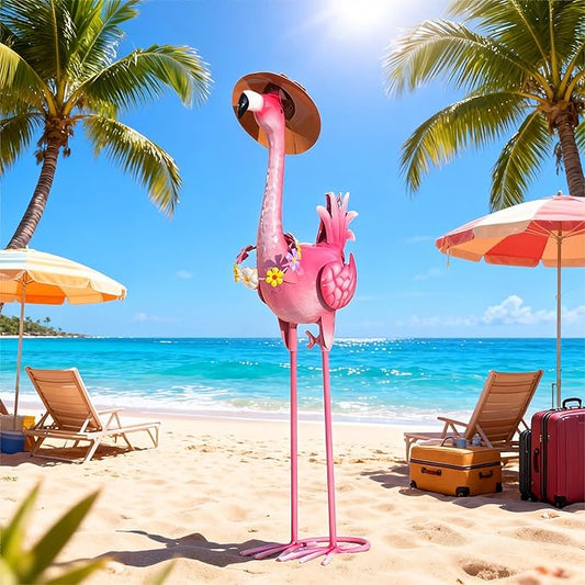 Natelf Flamingo Metal Garden Statue Outdoor Pink Hawaii Flamingo Yard Art Sculpture Decor with Flower Lei & Straw Hat, Waterproof Rust-Proof Lawn Decor for Patio, Poolside, Tropical Party