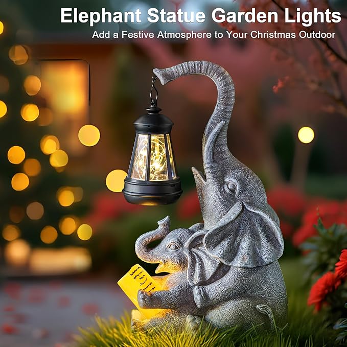 ZQQLITE Solar Elephant Statue LED Lights Garden Decoration, Outdoor Statue Lights Patio Art Lawn Porch Deck Balcony Decoration - Birthday, Options for Mom, Lady Lover