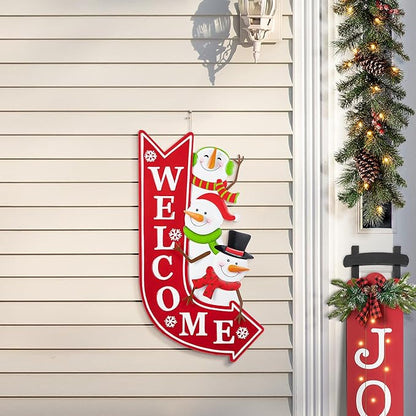 Glitzhome Christmas Welcome Yard Stake, 35.75 Inch Snowmen with Red Arrow Sign, Metal Outdoor Holiday Decor for Lawn, Garden, Porch, Easy Assembly Iron Wall or Ground Decoration