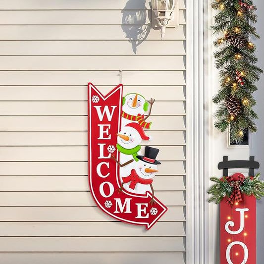 Glitzhome Christmas Welcome Yard Stake, 35.75 Inch Snowmen with Red Arrow Sign, Metal Outdoor Holiday Decor for Lawn, Garden, Porch, Easy Assembly Iron Wall or Ground Decoration