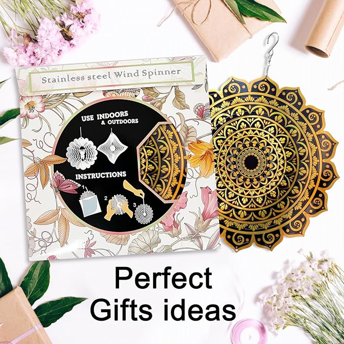 Aoedelyart Wind Spinner Mandala Rich Gold‌,12In Stainless Steel Wind Spinners Outdoor,Garden Gift for Women Mom Father Men Friend,Hanging Wind Sculptures & Spinners Kinetic Yard Art Decorations
