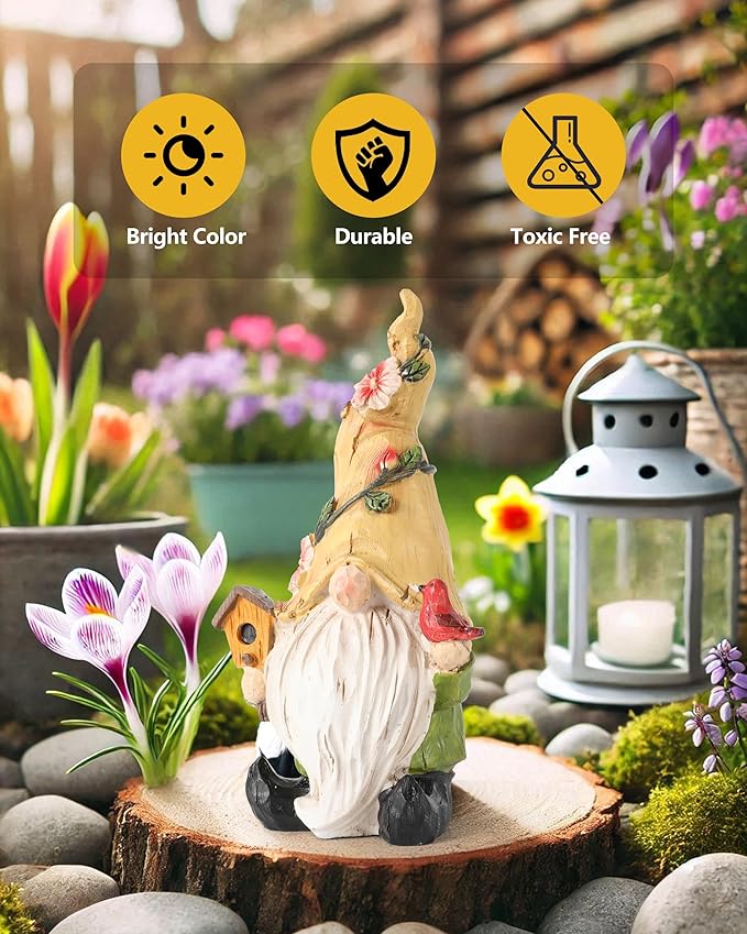 GoGnome Hand-Painted Resin Garden Gnome with Cardinal Figurine - 6.5" Summer and Spring Decorations for Home Decor and Yard - Gnome Gifts for All Ages (Yellow)
