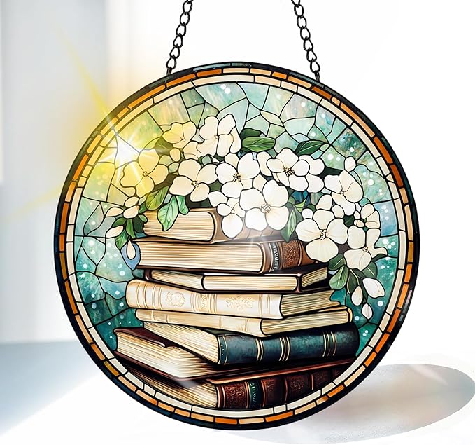 VAIIEYO Books Sun Catcher Stained Glass Window Hanging Ornament, Handmade Sun Catcher Flower Decoration with Hooks for Window Garden Home, Mother's Day & Birthday Housewarming Gift (7.8 inch)