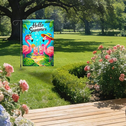 Nuxovilar Summer Garden Flag Hello Summer Flamingo Drink Tropical Pattern Polyester 12x18 Inches Garden Flags for Outside Seasonal Decor Yard Porch Lawn