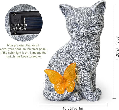 Solar Cat Statue Garden Decor with Butterfly Light, Outdoor Decor Statues Yard Art Decorations Lawn Porch Patio Balcony, Gardening Gifts Birthday Choice for Cat Lover Women, Mom, Grandma