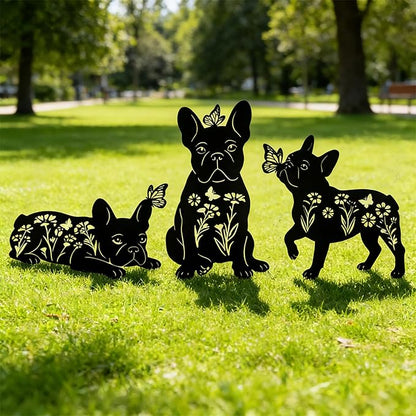 French Bulldog Decorative Garden Stakes Gifts Lager Size, 3PCS Metal Dog Play with Butterflies Garden Statues Decor for Outside for Yard, Patio, Lawn Decorations, Outdoor Decor Yard Art