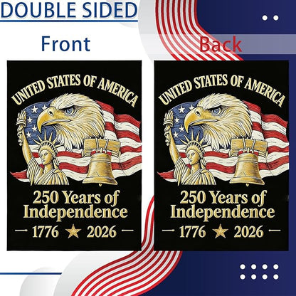 250th Anniversary Garden Flag, 250 Years of Independence Double Sided Garden Flag 12.5x18 Inch, Patriotic Yard Flag with Statue of Liberty, Bald Eagle & Liberty Bell Design, 4th of July Lawn Sign