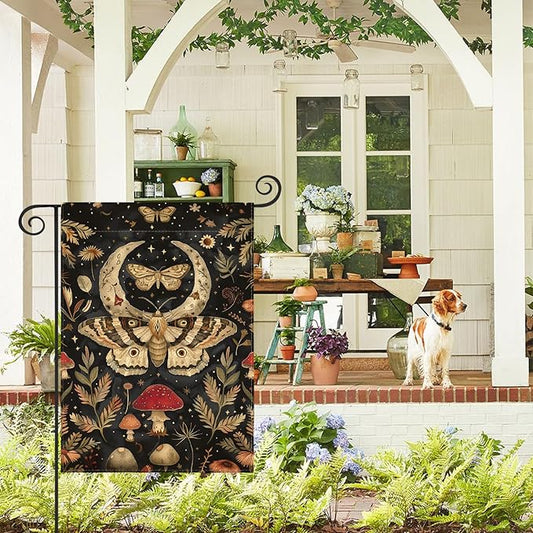 AVOIN colorlife Forest Garden Flag 12x18 Inch Double Sided Outside, Mushroom Moon and Moth Yard Outdoor Flag R034