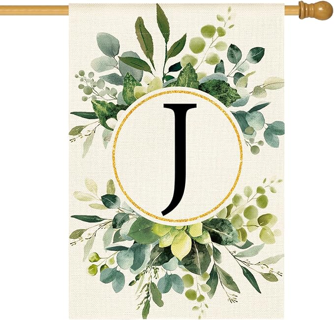 AVOIN colorlife Monogram Letter J Floral House Flag 28x40 Inch Double Sided Outside, Family Last Name Initial Yard Outdoor Decoration