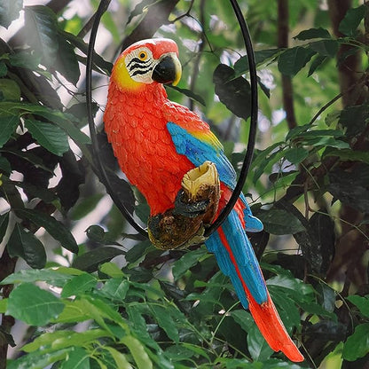 Hanging Parrot Statue Resin Parrot Ornament Metal Round Ring Decoration for Garden Resin Sculpture for Garden Patio Wall Craft Home Outdoor Decoration-01