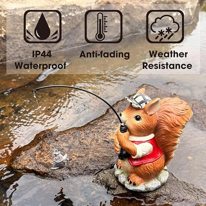 Squirrel Outdoor Statue Koi Pond Garden Decoration, Squirrel Decor for Yard 7.1'' Fishing Sculpture Outdoor Patio, Lawn Accessory, Fishing Animals for Waterfall or Koi Pond Additional, Gifts for Mom