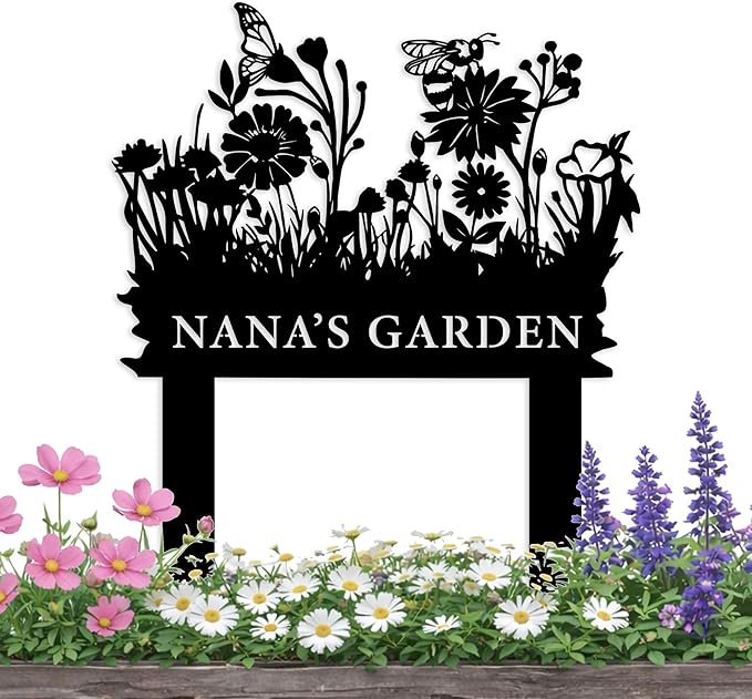 Personalized Butterfly and Bee Metal Garden Stake Sign, Custom Flower Themed Garden Metal Stake, Customized Garden Signs Decorative Outdoor, Farmhouse Yard Art, Flower Bed Decor, Gift for Gardener