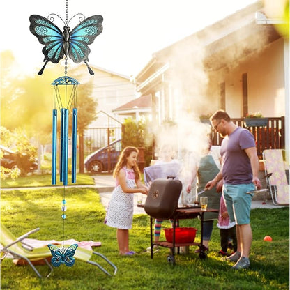 CoTa Global Rustic Blue Butterfly Wind Chime - Handmade Metal and Glass Hanging Decor, Blue and Black Garden Ornament with Copper Tubes, Indoor Outdoor Porch Patio Yard Decoration - 32 Inches