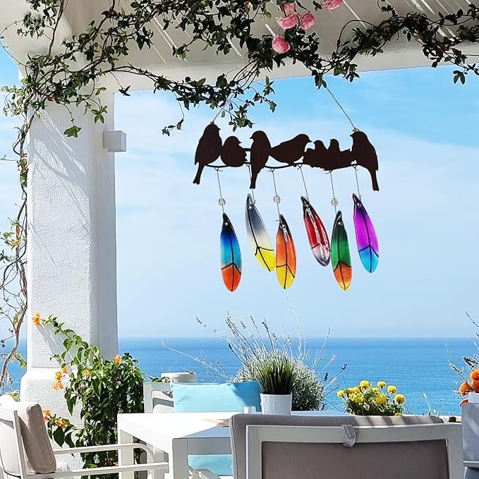 Glass Wind Chime for Outside Metal Bird Yard Art Colored Glass Memorial Wind Chimes for Mom Loved One Gifts