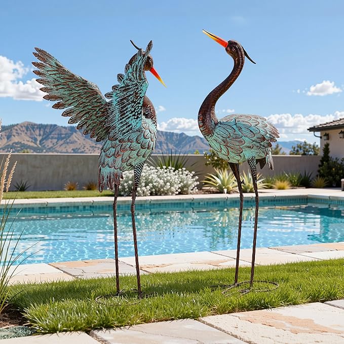 36.8" Extra-Large Blue Heron Decor, Handcrafted Metal Crane Statue with Stable U-Ground Stakes, Backyard Decoration, Metal Garden Bird Animal Yard Art, Lawn Ornament Decor