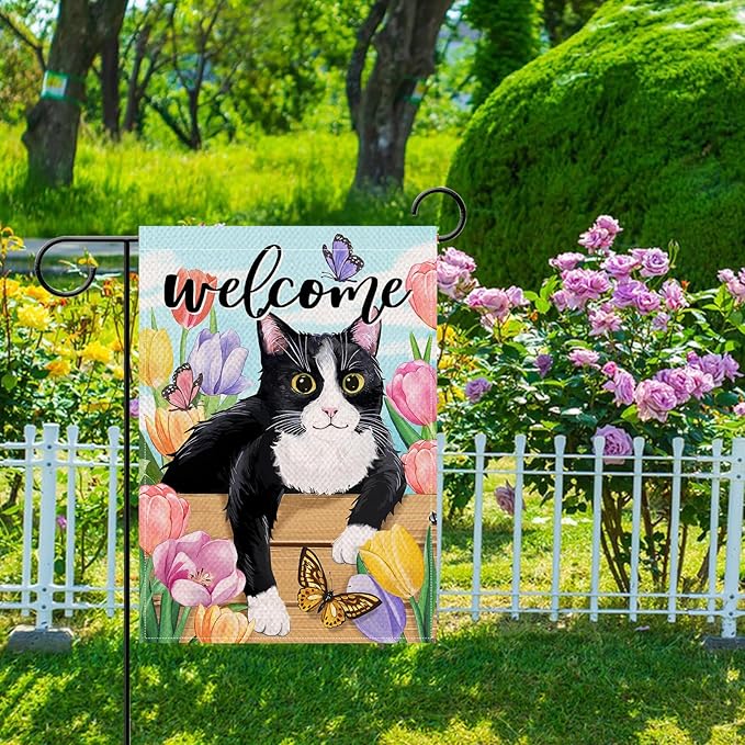 Artofy Welcome Spring Summer Tuxedo Cat Small Decorative Garden Flag, Tulip Flower Butterfly Yard Lawn Outside Decor Pet Lover Gift, Seasonal Floral Burlap Outdoor Home Decoration Double Sided 12 x 18