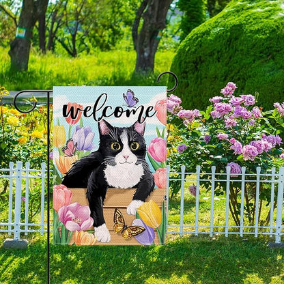 Artofy Welcome Spring Summer Tuxedo Cat Small Decorative Garden Flag, Tulip Flower Butterfly Yard Lawn Outside Decor Pet Lover Gift, Seasonal Floral Burlap Outdoor Home Decoration Double Sided 12 x 18