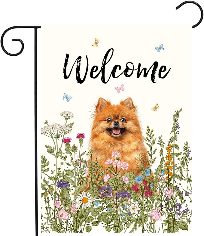 Spring Summer Garden Flag Floral Pomeranian Yard Flag Flower Dog Garden Flags for Outside Small Outdoor Welcome Flags 12x18 Double Sided