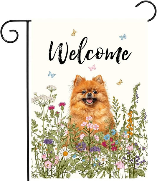 Spring Summer Garden Flag Floral Pomeranian Yard Flag Flower Dog Garden Flags for Outside Small Outdoor Welcome Flags 12x18 Double Sided