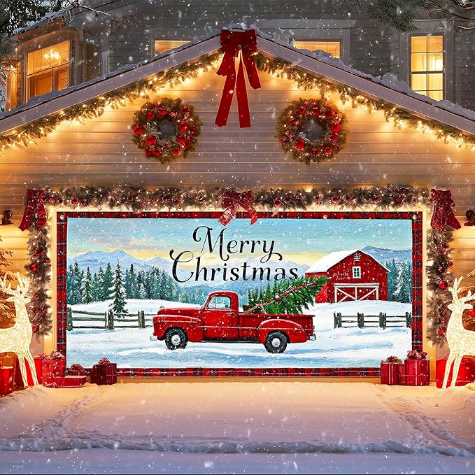 IVN Merry Christmas Garage Door Banner 13x6ft Festive Red Truck with Barn and Snowfield Photo Prop Background for Joyful Holiday Yard Door Cover Background Banner Outdoor Winter Scene