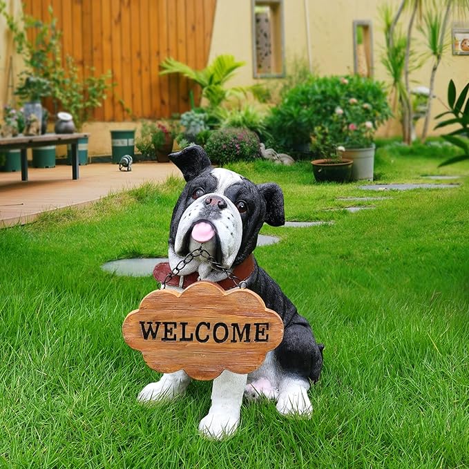 English Bulldog Garden Statue with Solar Lantern, Realistic Dog Sculpture, Birthday Gift for Women Mom Grandma, Housewarming Gift for New Home, Outdoor Resin Puppy Decor,Black & White