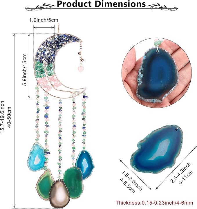 Yoption Lapis Lazuli Moon Tree of Life Agate Slice Wind Chime, Handmade Healing Crystal Stone Wind Chime for Home Wall Garden Decorative Ornament, Unique Gift
