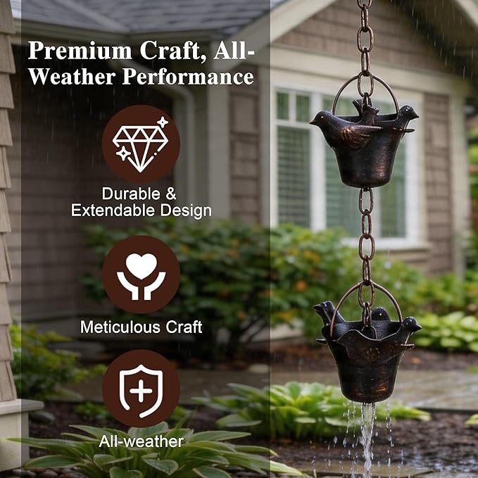 TZSSP 8FT Rain Chain with 12 Cups - Adjustable Gutter Downspout Replacement & Rainwater Catcher, Outdoor Decor with Hummingbird Design for Garden, Roof, Drainage