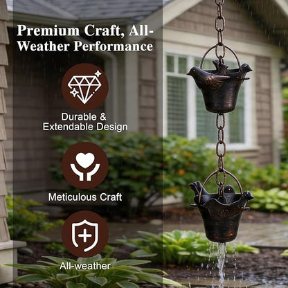 DUSVALLY Rain Chain, Metal Hummingbird Rain Chain, Functional and Decorative Replacement for Gutter Downspouts, Divert Water and Home Display, 12 Cups, Black,8.5FT