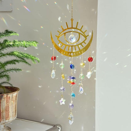 Bohemian Garden Crystal Suncatcher, Crystal Prism Suncatcher, Rainbow Maker, Hanging Crystals for Window, Garden Decoration (Evil Eye)