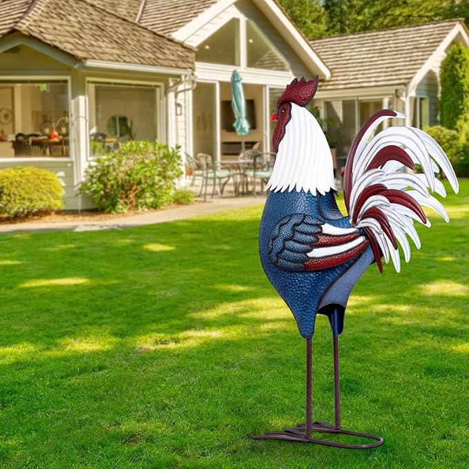 Backyard Expressions Rooster Décor Garden Statue - Chicken Yard Art Sculpture Outdoor - 63 Inch (Patriotic)
