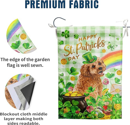 Golden Doodle St Patricks Day Garden Flag Dog St Patrick's Day Yard Flags for Outside 12x18 Double Sided Buffalo Plaid Shamrock Flag Small Outdoor Rainbow St Patrick's Decor