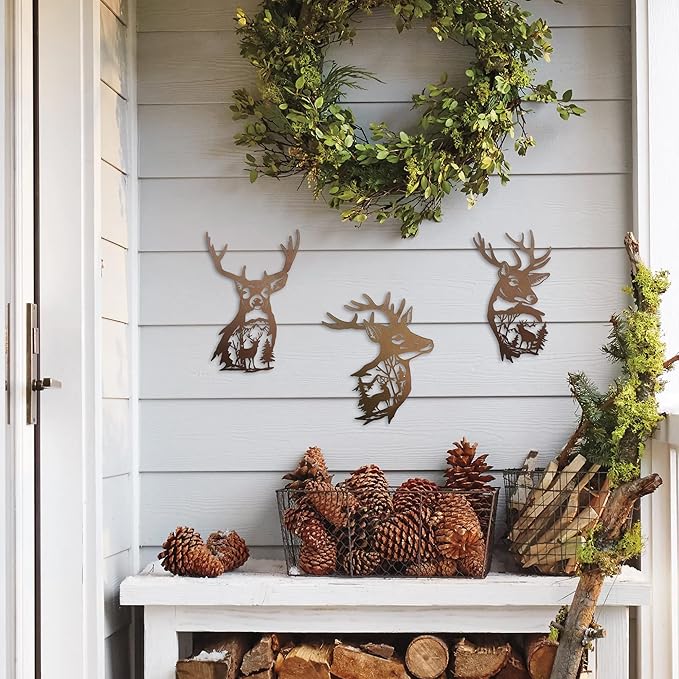 J-Fly Deer Metal Wall Art 9 Inch Deer Silhouette Wall Decor Rustic Forest Hunting Sign Woodland Valentine Decor for Fence Patio Porch Farmhouse Indoor for Living Room Bedroom Bathroom 3 Piece Set