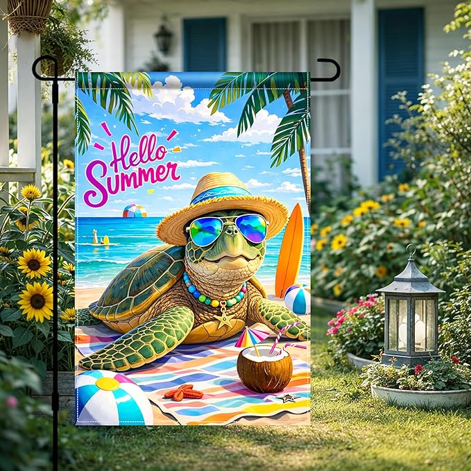 BlissYard Hello Summer Sea Turtle Garden Flag 12x18 Double Sided Vertical Outdoor Decor Beach Ocean Tropical Yard Garden Lawn Patio Welcome Banner