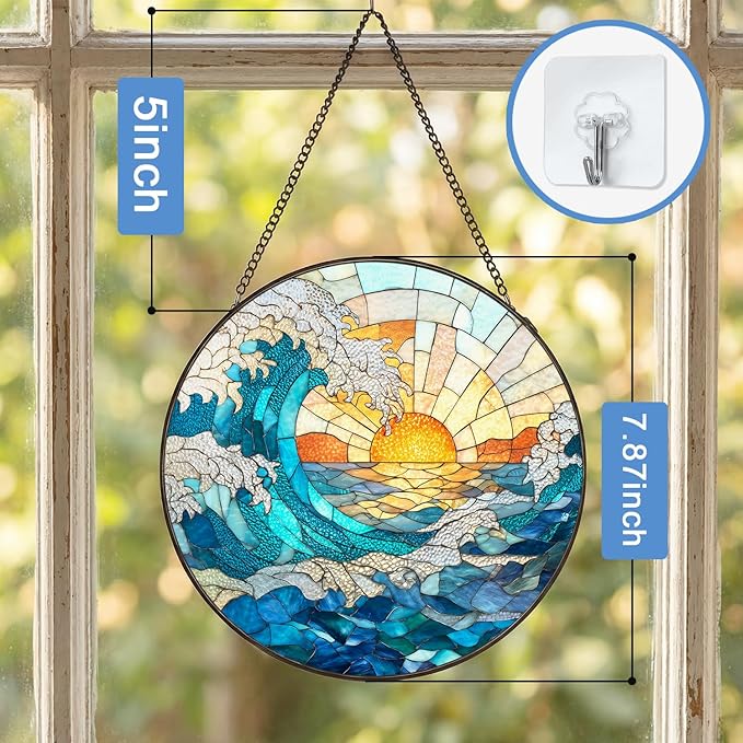 Stained Glass Sun Catcher Window Hanging - Blue Wave and Sunlight Design, Well Made Indoor Home Decor for Mother's Day, Birthday, Christmas for Women, Men, Mom (Blue Wave) 7.8in