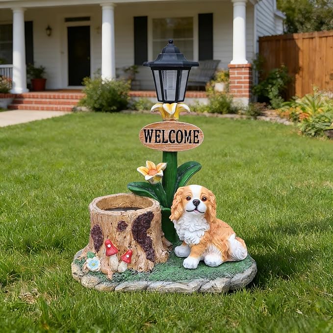 Solar Garden Statue with Planter & Solar Lantern, Outdoor Resin Animal Sculpture, Waterproof Yard Lawn Decor Pot for Succulents, Front Porch Ornament Housewarming Gift (King Charles Spaniel)