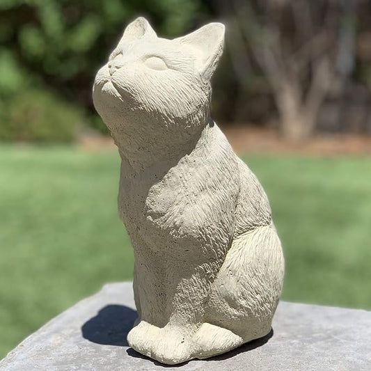Bird Watching Cat Statue: Durable Solid Stone Kitten w/Aged Texture. Unique Home Décor, Garden Accent. Sealed for Outdoors. Handcrafted USA. (Classic/Whitish)