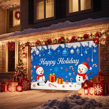 HOMETITUTE Winter Garage Door Banner 13x6ft Happy Holiday Snowmen Winters Scene Backdrop Banners for Outside Indoor Winter Door Cover Garage Wall Covering for Party Garages Decorations