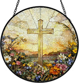 Christian Cross Flower Stained Glass Window Hanging, Wildflower Religious Cross Suncatcher Indoor Window Glass Round Wall Art Decor, 7.9x7.9 Inch
